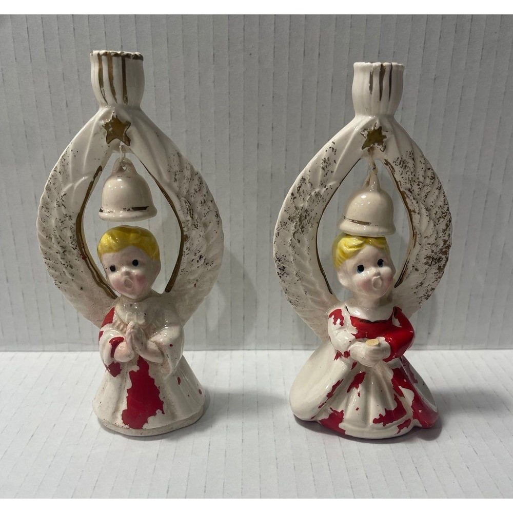 Vintage Kreiss & Co Ceramic Porcelain Angel Bell Holly Christmas Candle Stick